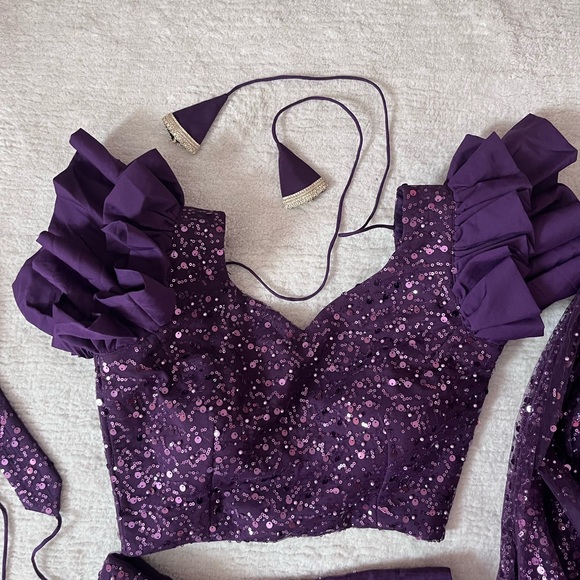 Purple Pre Stitched Embroidered Saree and Blouse Set - Picture 8 of 11